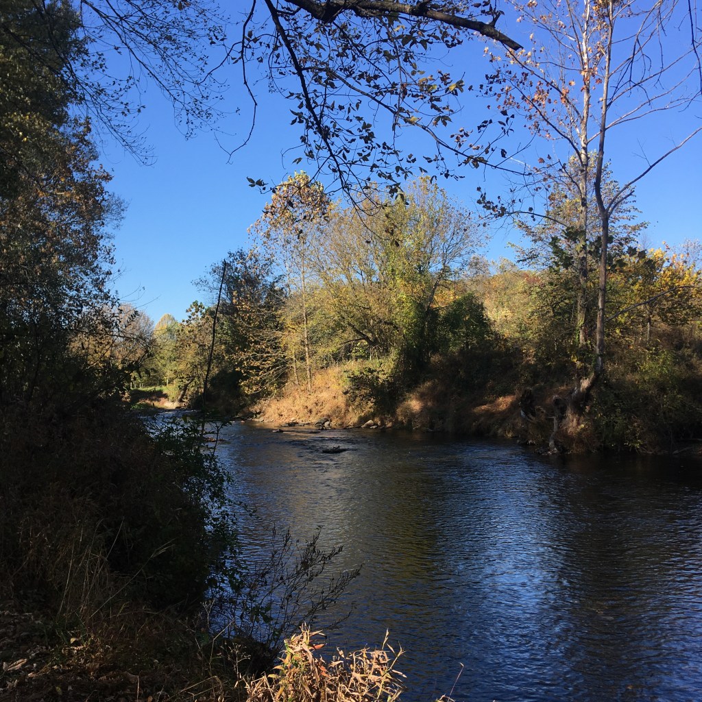 Deer Creek, Harford County, Maryland. A flowing stream with yellow autumn foliage, invoking fall.